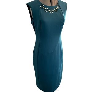 Teal green Calvin Klein size 6 sheath dress with neck hardware. Worn once.